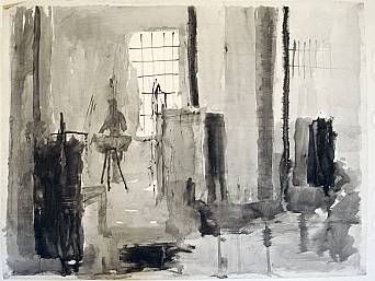 „Atelierraum bei Kyritz”, Öl auf Papier, 1992