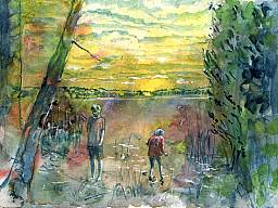 „Peetschsee 2 (Philip und Edda)”, Aquarell und weiße Tempera auf Papier, 24 x 17 cm, 29.5.2015