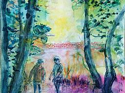 „Peetschsee 3 (Anais und Philip – Der Fund)”, Aquarell auf Papier, 24 x 32 cm, 29.5.2015