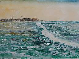 „Spaziergang von Tel Aviv nach Jaffa”, Aquarell und weiße Tempera auf Papier, 24 x 17 cm, 11.2.2015