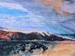 „Blick von Metzoke Dragot auf das Tote Meer”, Aquarell auf Papier, 24 x 10 cm, 2015 (Privatbesitz/Berlin)