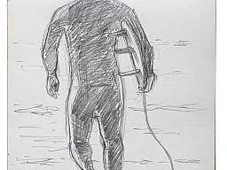 „Surfer auf dem Weg”, Bleistift auf Papier, 9 x 13,8 cm, 2015