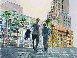 „Mit Freunden in Tel Aviv”, Aquarell auf Papier, 24 x 24 cm, 2015